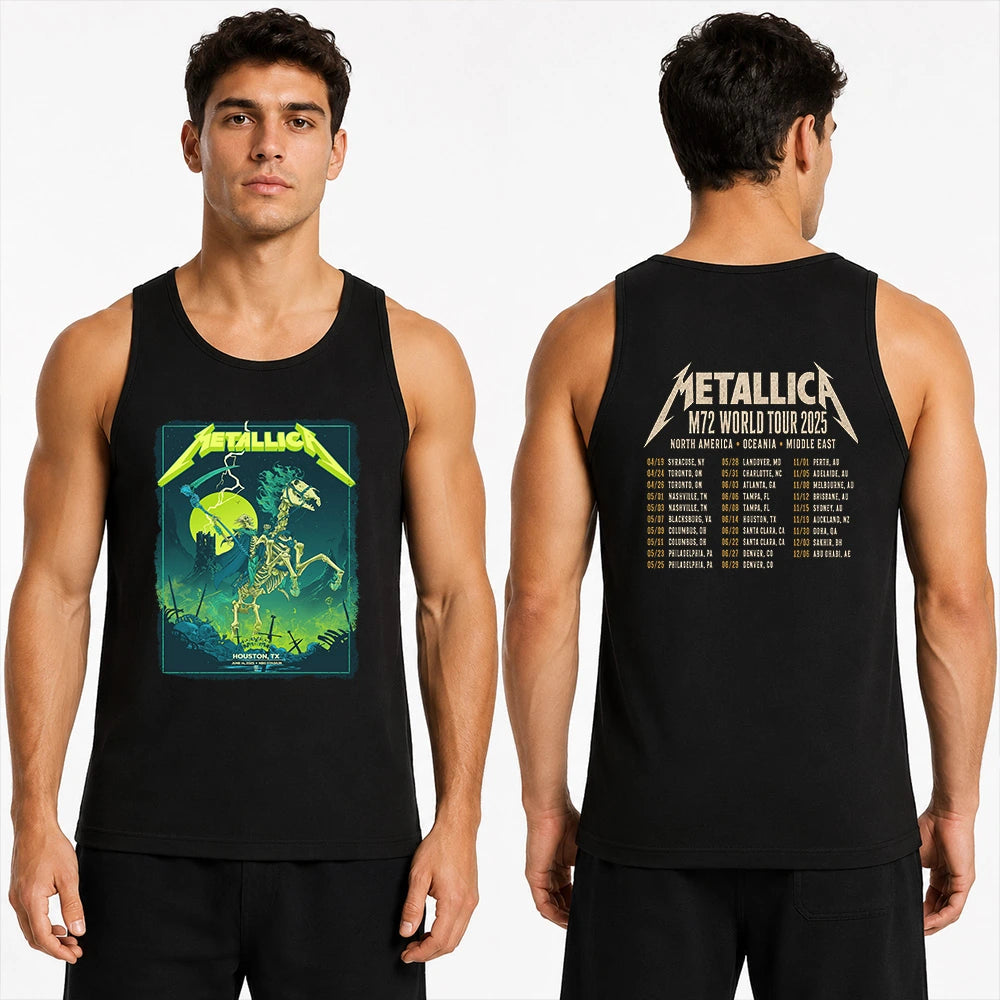 Metallica M72 World Tour June 14 2025 NRG Stadium Houston Texas United States 2 side T-shirt by Vance Kelly featuring a skeletal rider on a bone horse, skull-tipped scythe, glowing moon, lightning, skulls, swords and M72 tour back print.